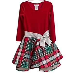 Bonnie Jean Red Dress Silver Metallic Bow Plaid Skirt Long Sleeves Crinoline 6